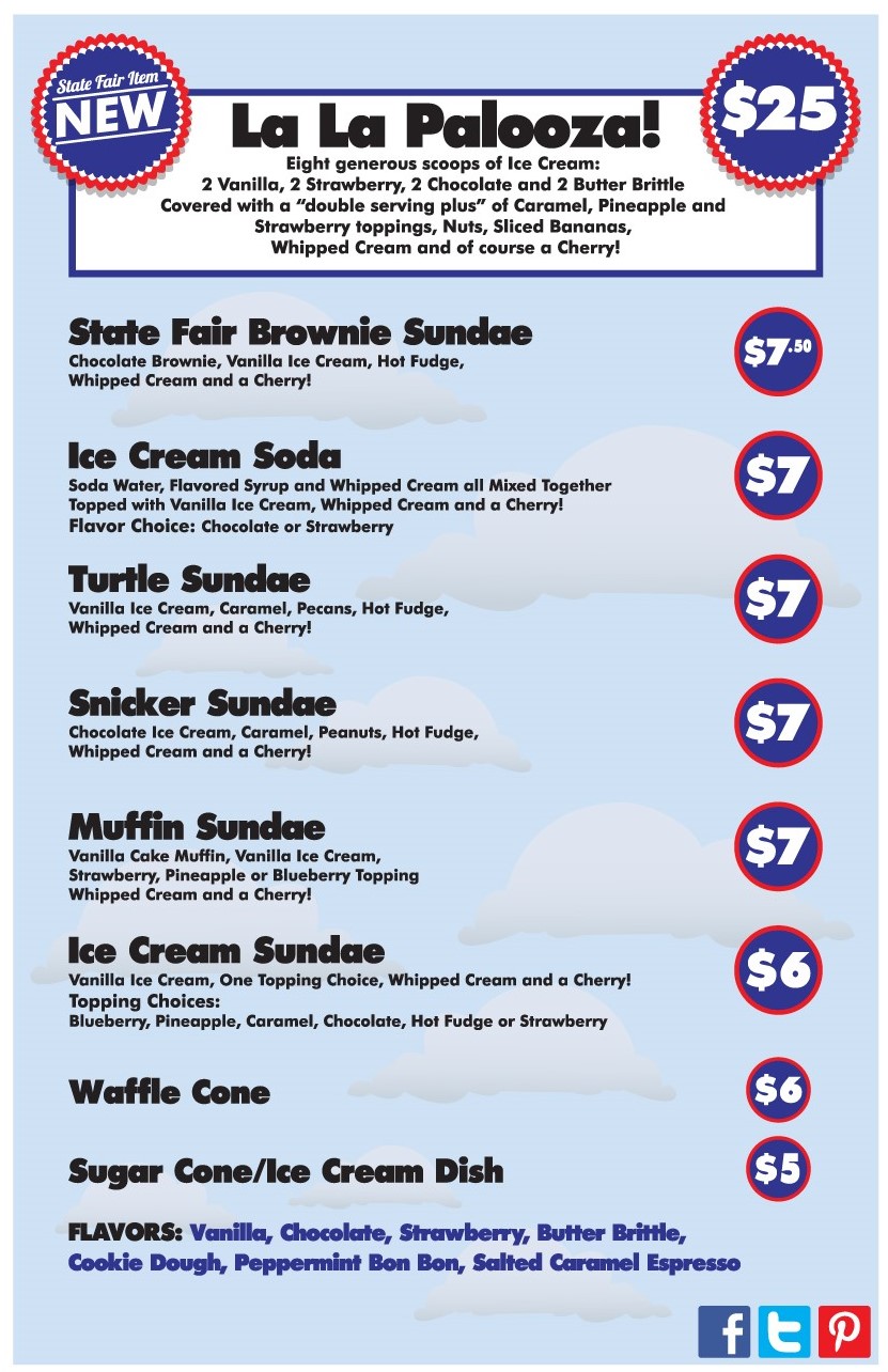 2016 MN State Fair Bridgeman's Ice Cream Menu